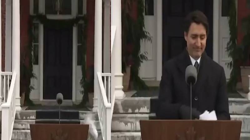 جسٹن ٹروڈو کی استعفے کی تقریر دوران صفحات ہوا میں اُڑ گئے