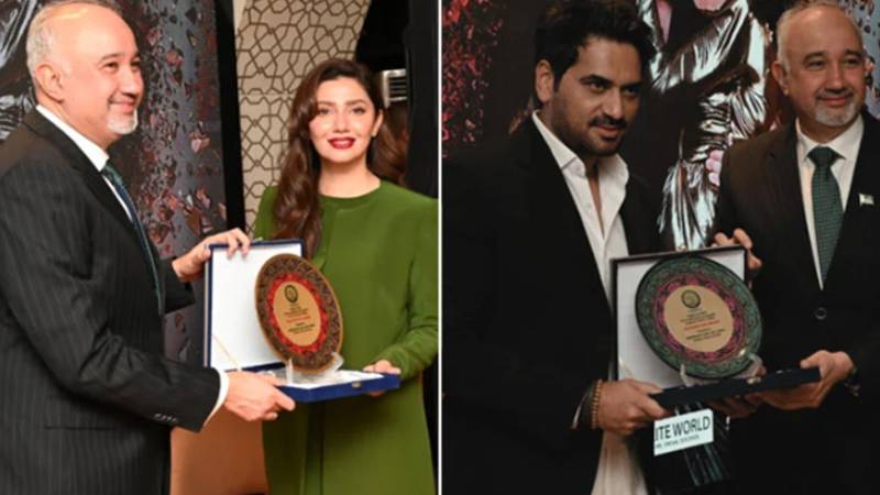 پاکستانی فلمی ستارے ماہرہ خان اور ہمایوں سعید کو دبئی میں اعزازی شیلڈز سے نوازا گیا