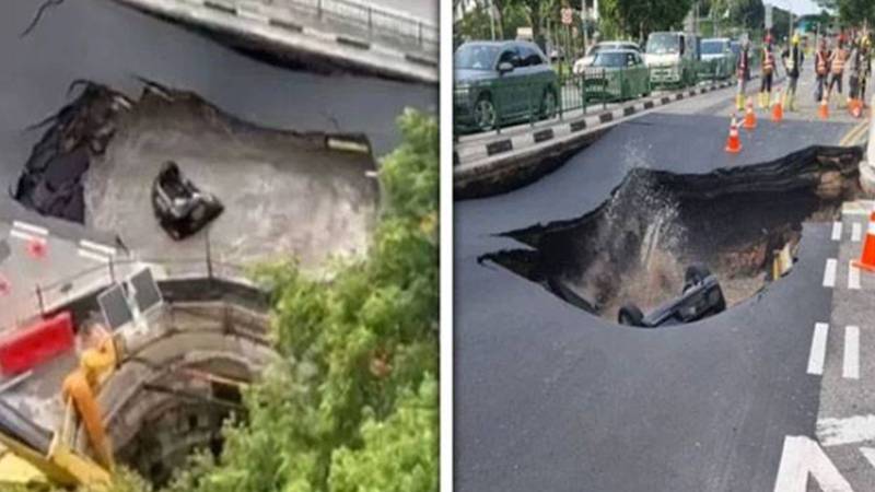 سنگاپور: زمین دھنسنے سے کار گہرے گڑھے میں جاگری، ڈرائیور محفوظ