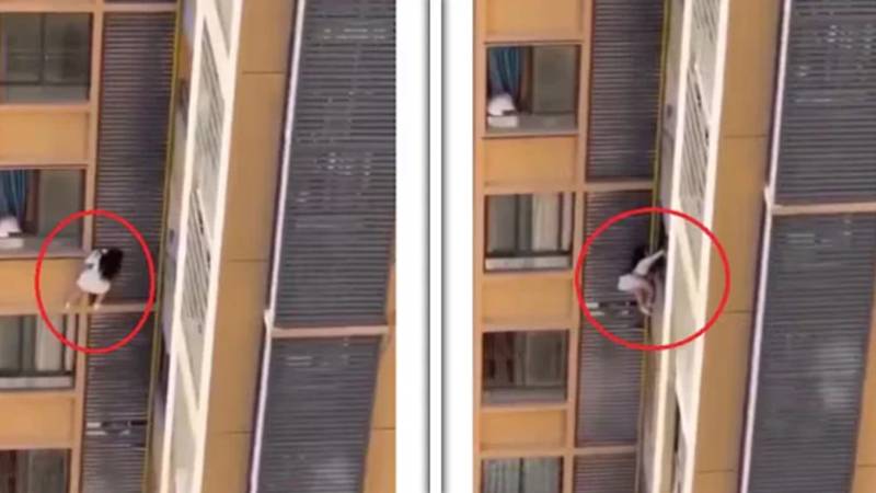 عاشق کی بیوی سے بچاؤ کے لیے خاتون 10ویں منزل سے لٹک گئی، ویڈیو وائرل
